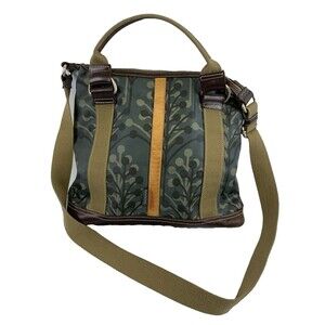 Orla Kiely Coated Cotton Tote Bag Crossbody Large Zip Green Brown Leather Bottom